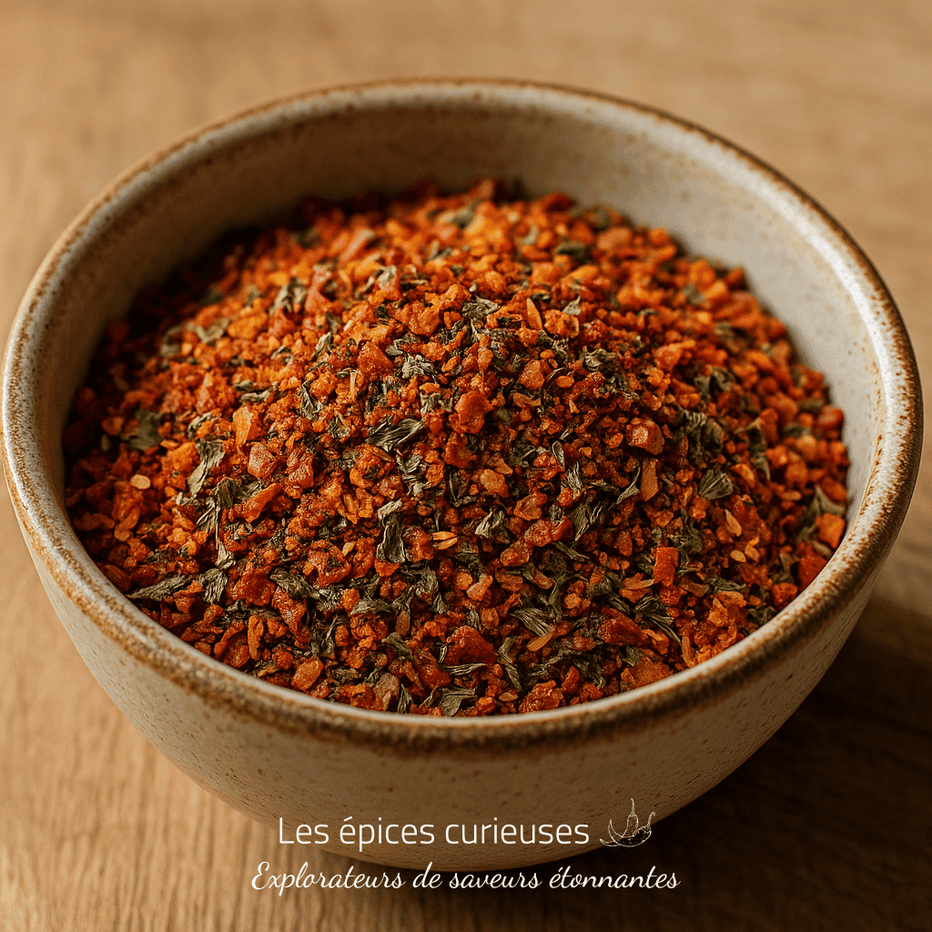 Bol de mélange d'épices rouges et vertes sur une table en bois, parfait pour ajouter du piquant à vos plats.