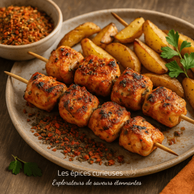 Brochettes de poulet grillé avec pommes de terre rôties et épices, plat appétissant sur assiette rustique.