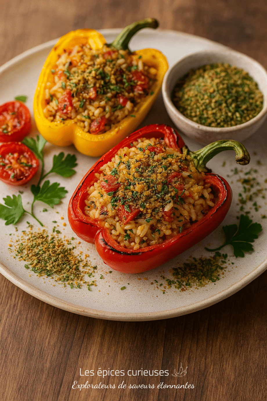 Poivrons farcis au riz et herbes sur une assiette, accompagnés de tomates et persil. Repas coloré et appétissant.