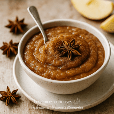 Purée de pommes épicée, garnie de cannelle et anis étoilé dans un bol.