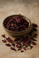 Fleurs d'hibiscus séchées dans un bol en céramique, posées sur une surface en pierre naturelle.