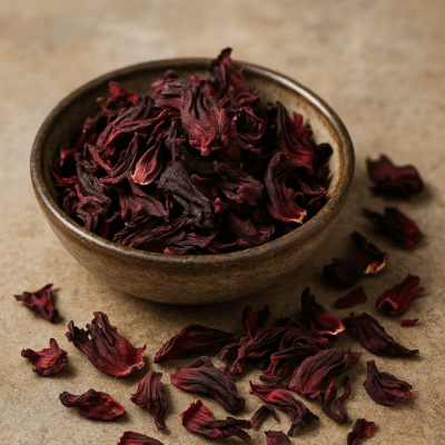 Fleurs d'hibiscus séchées dans un bol en céramique, posées sur une surface en pierre naturelle.