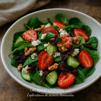 Salade fraîche de jeunes pousses d'épinards, fraises, concombres, noix, betterave séchée et fromage feta dans un bol.