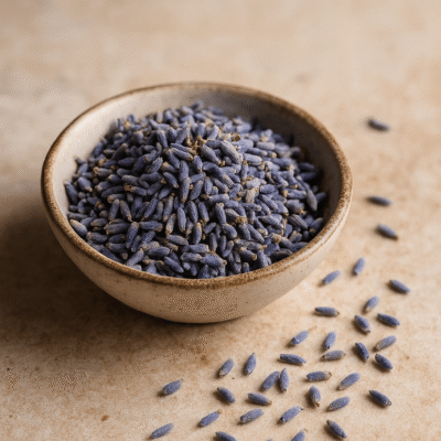 Bol de fleurs de lavande séchées sur une table, parfaites pour infusions et bien-être.