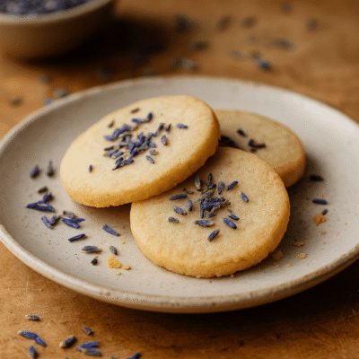 Biscuits sablés à la lavande sur assiette, décorés de fleurs séchées pour une touche gourmande et aromatique.