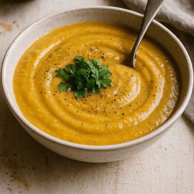 Soupe crémeuse aux légumes, garnie de persil frais, servie dans un bol en céramique avec une cuillère.