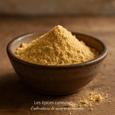 Bol de poudre de gingembre pour saveur et bienfaits, cuisine épices.