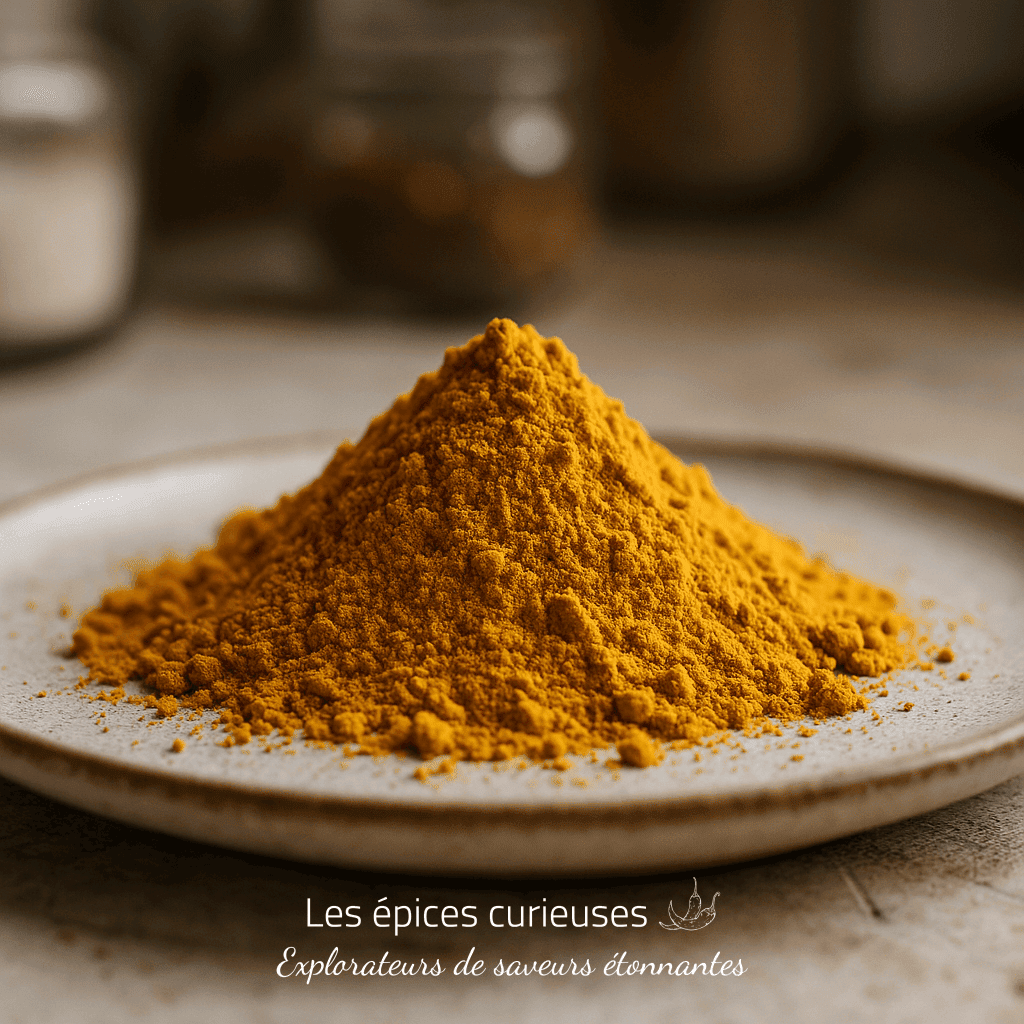 Poudre de curcuma sur assiette en céramique, épice naturelle pour la cuisine et la santé.