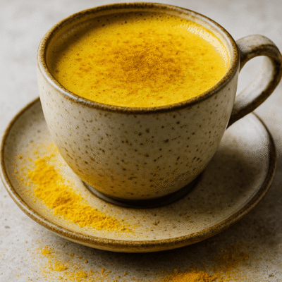 Tasse de latte au curcuma épicé sur soucoupe avec poudre de curcuma, posée sur une surface en pierre.