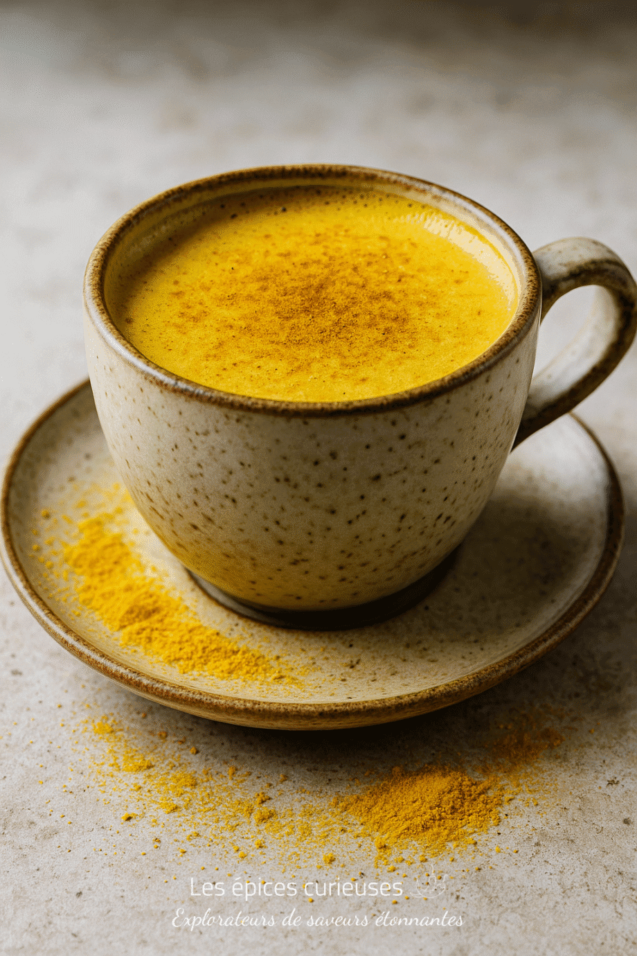 Tasse de latte au curcuma épicé sur soucoupe avec poudre de curcuma, posée sur une surface en pierre.