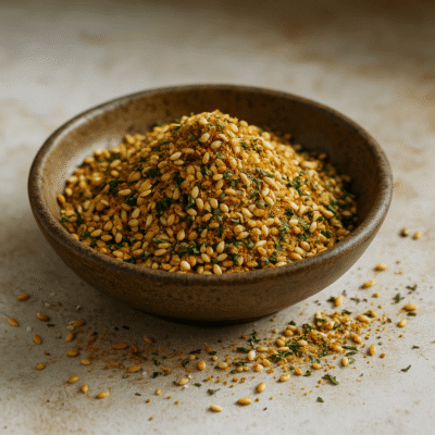 Mélange d'épices au sésame dans un bol sur une table en bois, ingrédients pour cuisine asiatique.