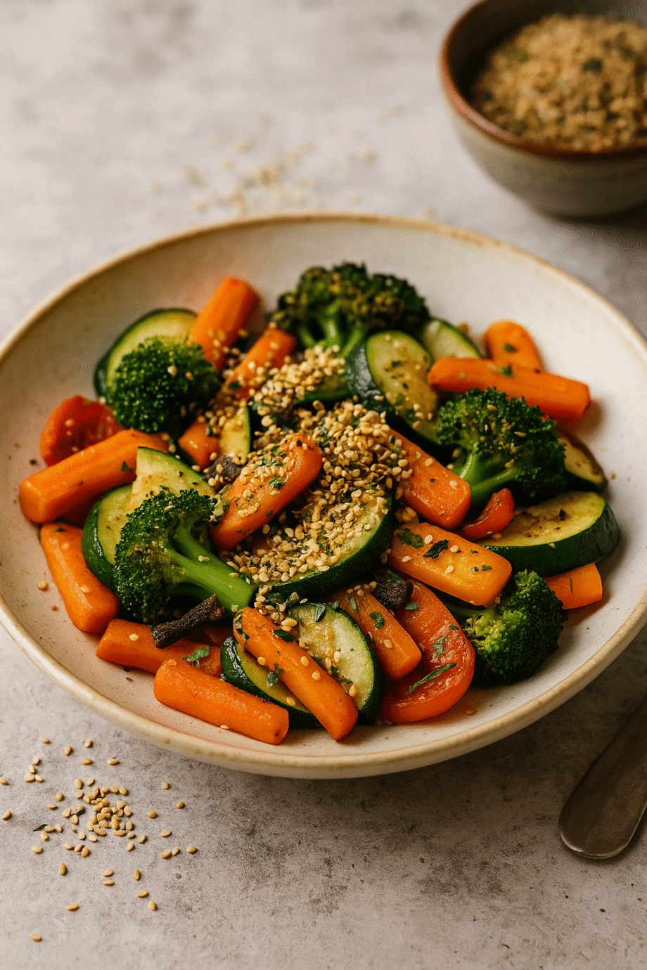 Assiette de légumes variés avec carottes, brocoli, courgettes, parsemée de graines de sésame, sur une table en marbre.