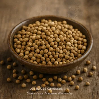 Bol de graines de coriandre séchées sur une table en bois, prêt à être utilisé en cuisine.