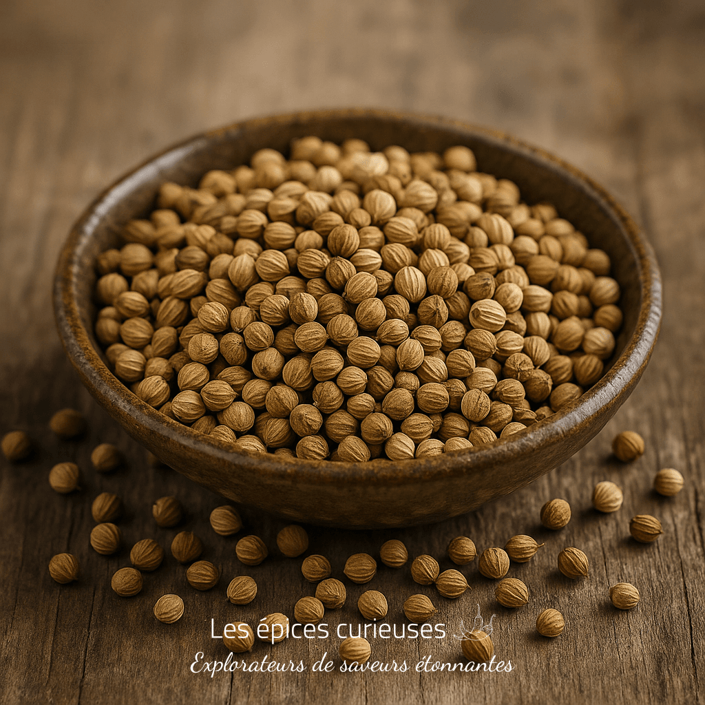 Bol de graines de coriandre séchées sur une table en bois, prêt à être utilisé en cuisine.