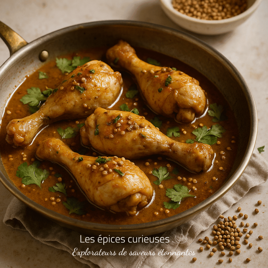 Cuisses de poulet mijotées dans une sauce épicée garnie de coriandre fraîche, servies dans une poêle en cuivre.