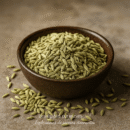 Bol de graines de fenouil séchées sur une table en bois, prêt pour l'utilisation culinaire ou médicinale.