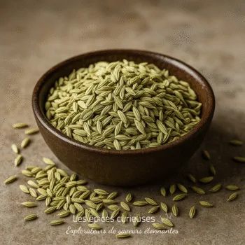 Bol de graines de fenouil séchées sur une table en bois, prêt pour l'utilisation culinaire ou médicinale.