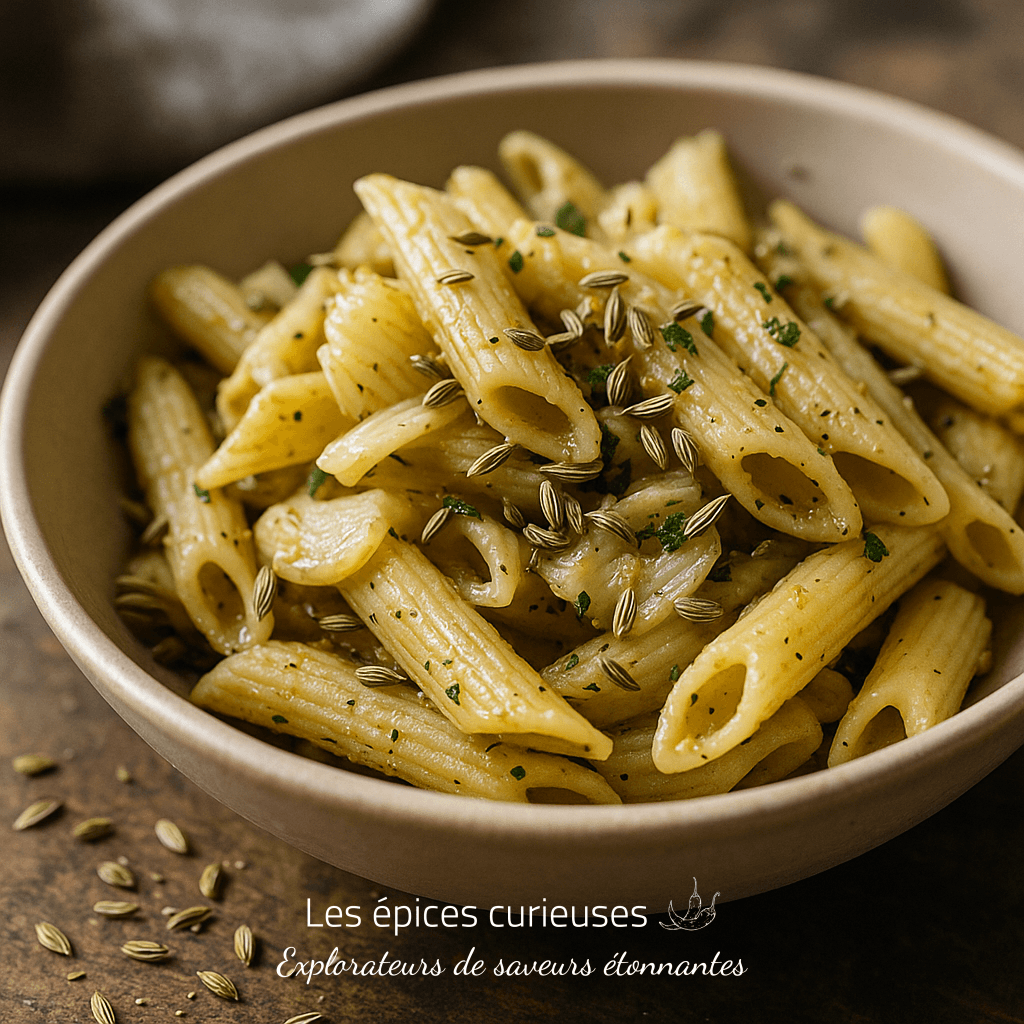 Bol de penne savoureuses avec épices et herbes, prêt à déguster pour un repas réconfortant.
