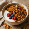 Bol de yaourt garni de granola croustillant et de baies fraîches, parfait pour un petit-déjeuner sain et délicieux.