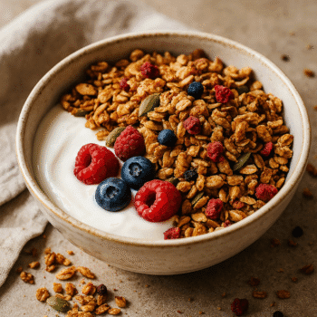 Bol de yaourt garni de granola croustillant et de baies fraîches, parfait pour un petit-déjeuner sain et délicieux.