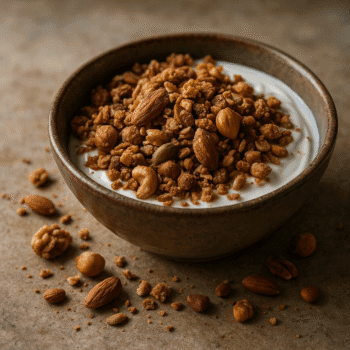 Bol de granola et noix croquants sur du yaourt crémeux. Repas sain parfait pour le petit-déjeuner.