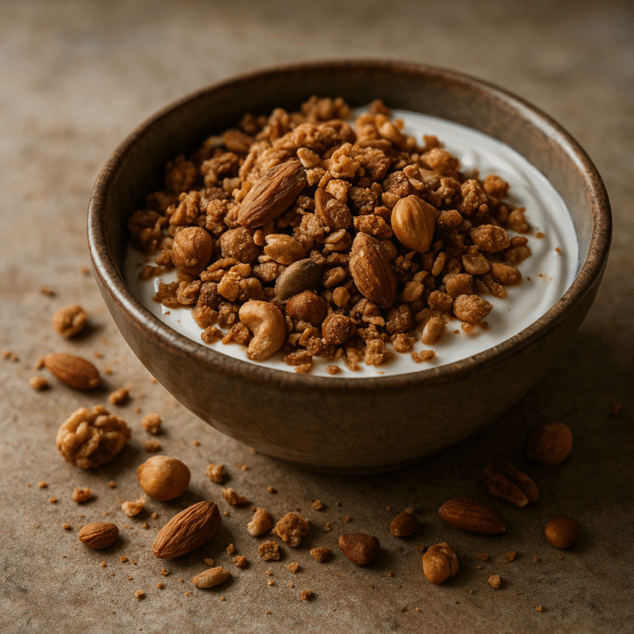 Bol de granola et noix croquants sur du yaourt crémeux. Repas sain parfait pour le petit-déjeuner.