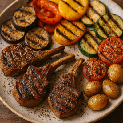 Assiette avec côtelettes d'agneau grillées, légumes rôtis et pommes de terre dans une présentation appétissante.