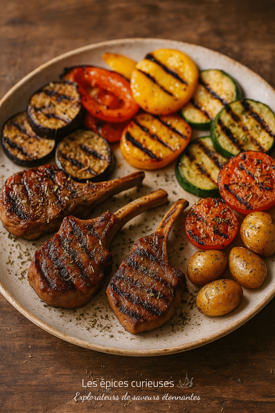Assiette avec côtelettes d'agneau grillées, légumes rôtis et pommes de terre dans une présentation appétissante.