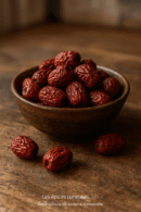 Bol de jujubes séchés sur une table en bois, fruits riches en nutriments et bienfaits pour la santé.