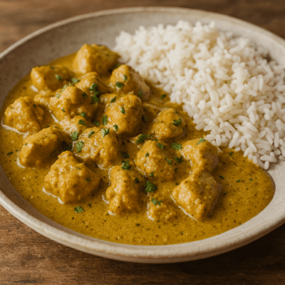 Bol de curry de poulet crémeux et riz basmati sur une table rustique. Épices aromatiques et texture savoureuse.