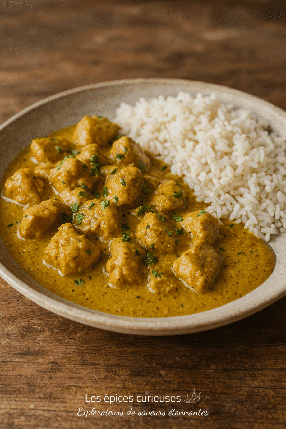 Bol de curry de poulet crémeux et riz basmati sur une table rustique. Épices aromatiques et texture savoureuse.