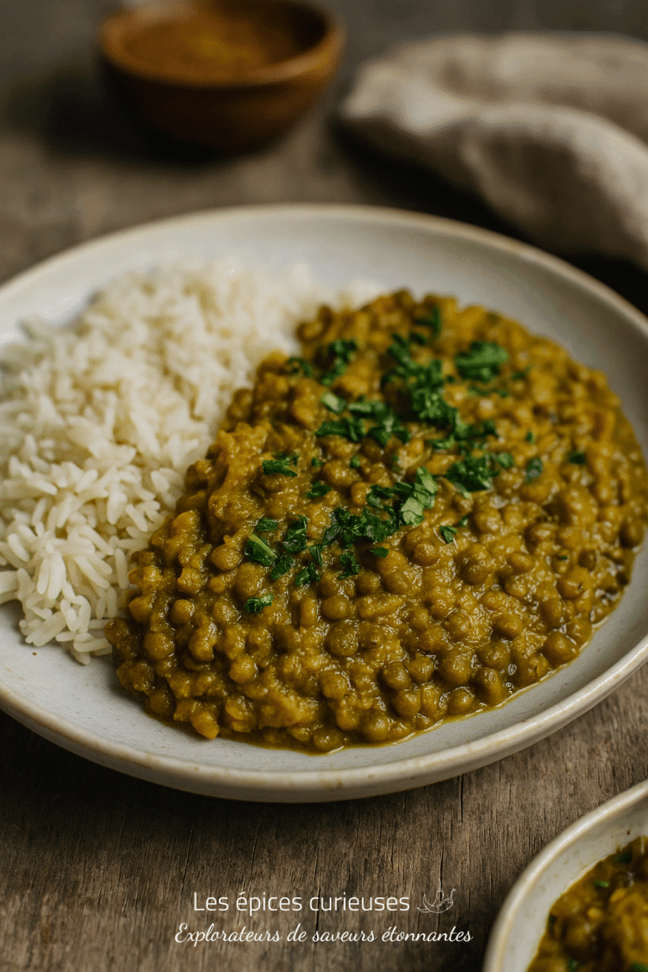 Plat de lentilles épicées avec riz blanc sur assiette, garni de coriandre fraîche, sur table en bois rustique.