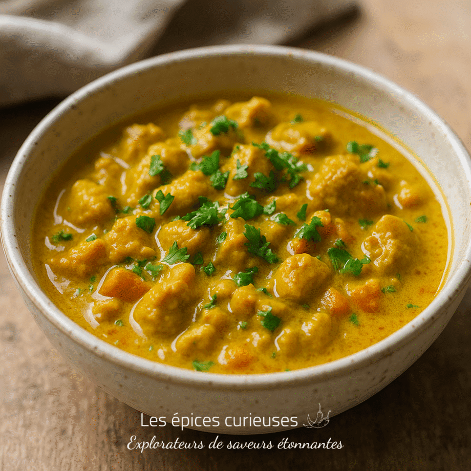 Bol de curry de légumes crémeux avec persil frais, idéal pour une recette végétalienne savoureuse.