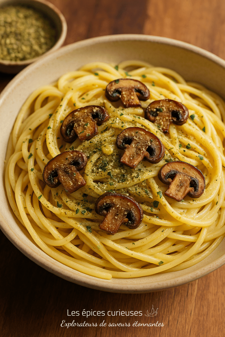 Spaghettis crémeux au pesto garnis de champignons grillés, servis dans un bol en céramique sur une table en bois.