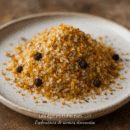 Mélange d'épices et de sel marin sur une assiette, avec grains de poivre noir et herbes, pour assaisonnement culinaire.