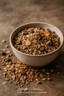 Bol de granola croustillant avec pépites de chocolat et céréales, posé sur une surface rustique.