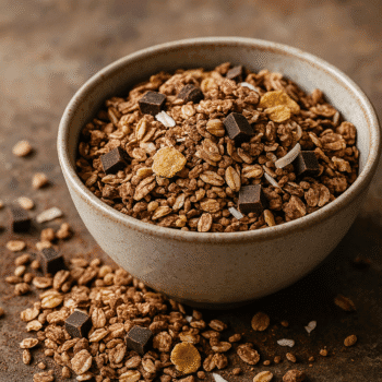 Bol de granola croustillant avec pépites de chocolat et céréales, posé sur une surface rustique.