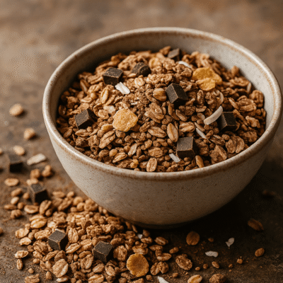 Bol de granola croustillant avec pépites de chocolat et céréales, posé sur une surface rustique.