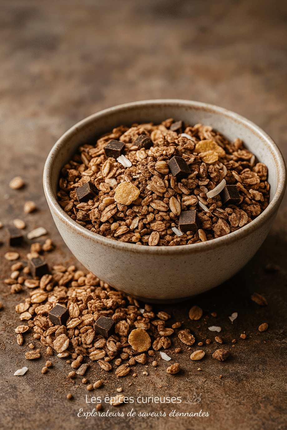 Bol de granola croustillant avec pépites de chocolat et céréales, posé sur une surface rustique.