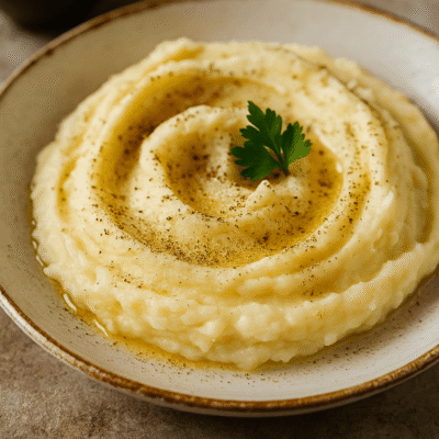 Purée de pommes de terre crémeuse avec beurre fondu et persil frais dans une assiette.
