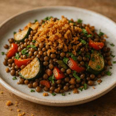 Salade de lentilles, courgettes et poivrons colorés, garnie de miettes croustillantes, sur une assiette en céramique.