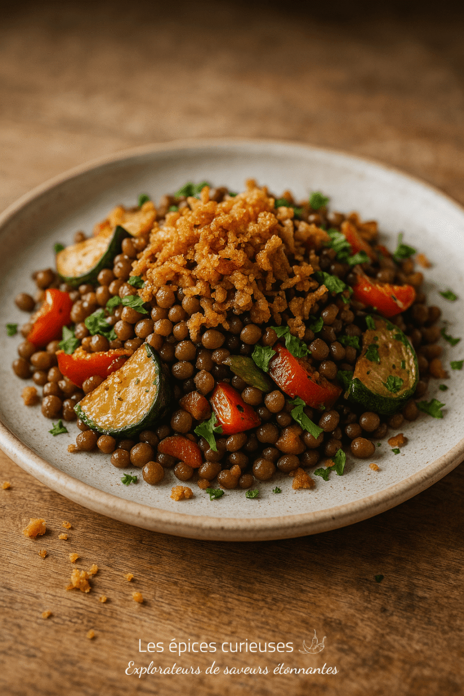 Salade de lentilles, courgettes et poivrons colorés, garnie de miettes croustillantes, sur une assiette en céramique.