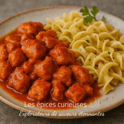 Assiette de boulettes de viande en sauce tomate servies avec des pâtes au persil.