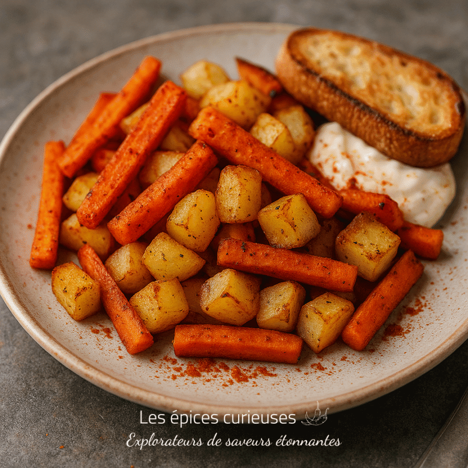 Assiette de légumes rôtis avec carottes et pommes de terre accompagnés de sauce et pain grillé.