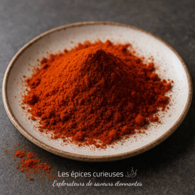 Assiette de poudre de paprika rouge posée sur une table grise, prête pour des recettes épicées et savoureuses.