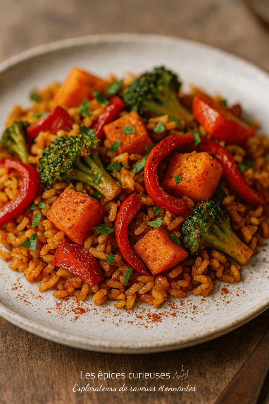 Assiette de riz épicé avec des légumes colorés, incluant brocoli, poivrons rouges et patates douces. Repas sain et savoureux.
