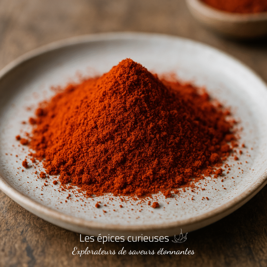 Poudre de paprika rouge épicé sur une assiette en céramique blanche, prêt à rehausser vos plats.