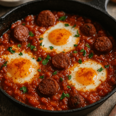 Poêlée de shakshuka avec œufs pochés, chorizo, sauce tomate épicée et coriandre fraîche.