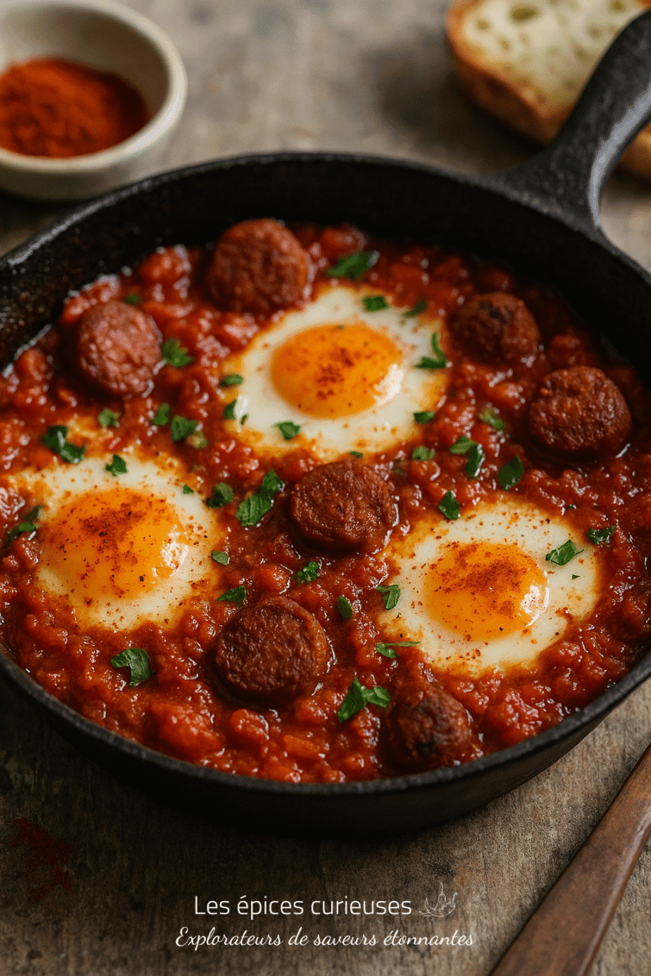 Poêlée de shakshuka avec œufs pochés, chorizo, sauce tomate épicée et coriandre fraîche.