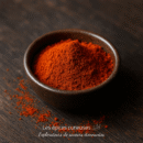 Bol en céramique rempli de paprika en poudre rouge vif sur une table en bois foncé.